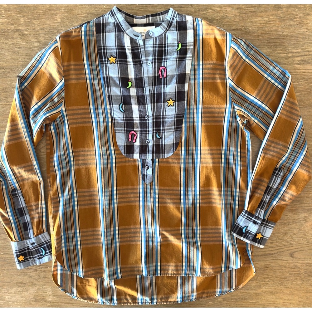 Monoki By Diane Goldstein Embroidered Tunic Shirt-Lucky Vibes-Tan Plaid-No Size
